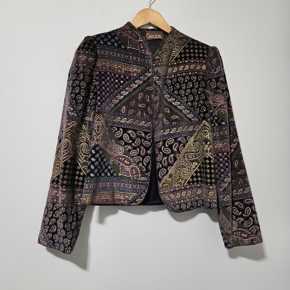 Gregge Sport Vintage Paisley Velvet Patchwork Open Front Cropped Jacket Size 8